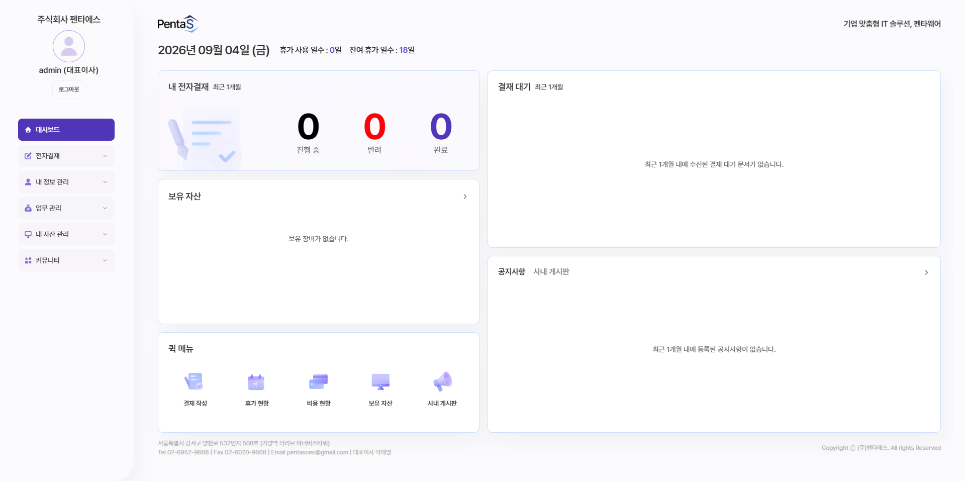 펜타웨어 대시보드 화면